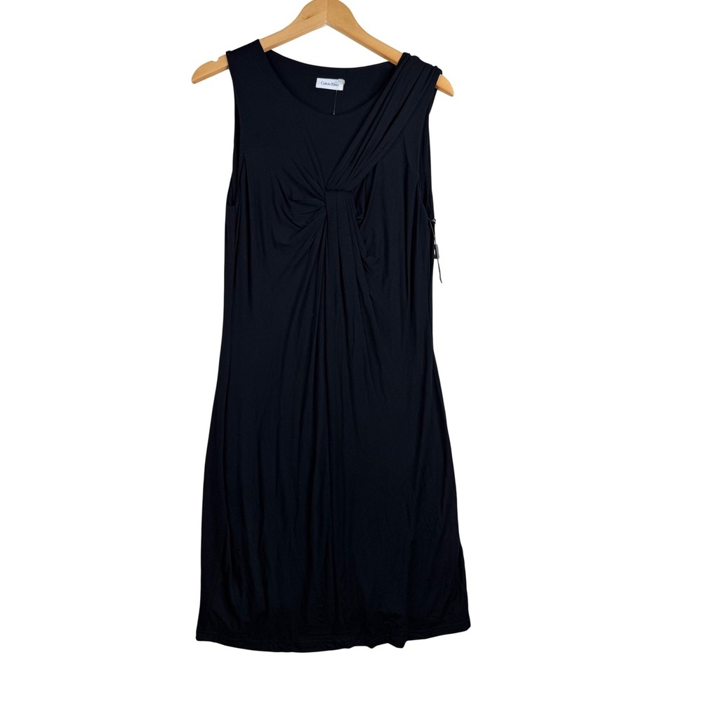 New Calvin Klein Faux Wrap Front‎ Knot Sleeveless Dress size 12 Black